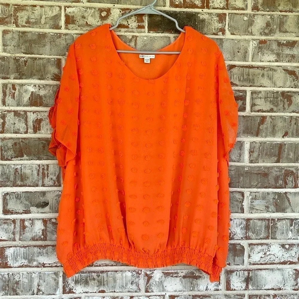 Cato Orange Slit Tie Sleeve Dotted Swiss Blouse‎